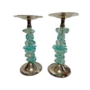Mid-Century Modern  Faux Seaglass Candle Holders  Aqua Blue  9”